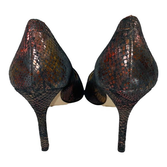 BCBGeneration Treasure Red Gold Leather Snake Print Heel Pointy Toe Pump sz 7.5 - Picture 7 of 13